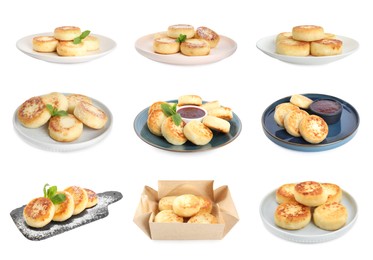 Image of Set with delicious cottage cheese pancakes on white background 