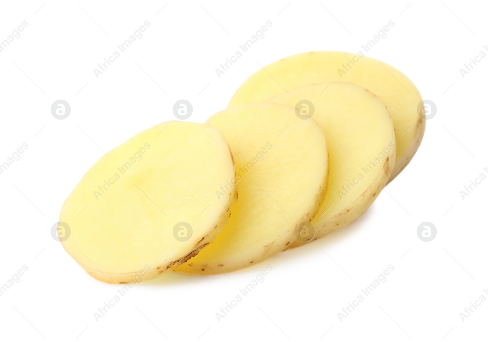 Photo of Sliced fresh raw organic potato on white background