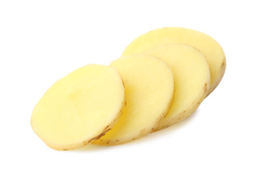 Photo of Sliced fresh raw organic potato on white background