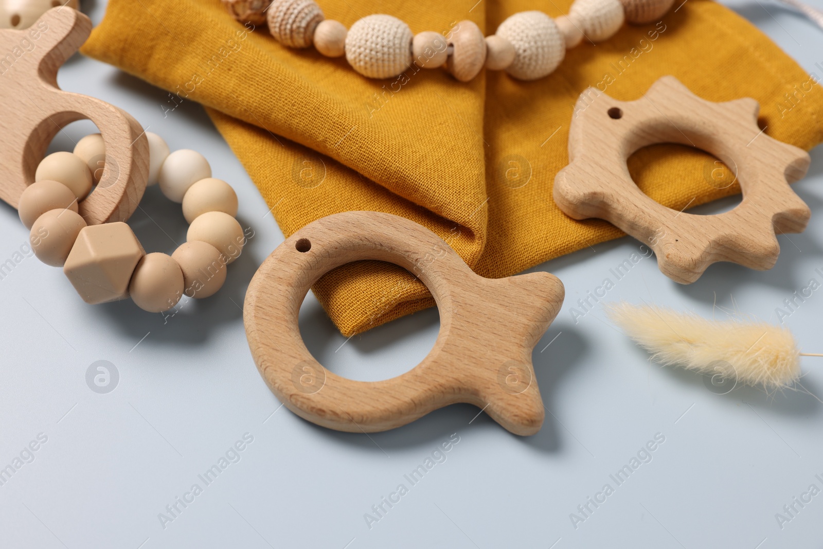 Photo of Different baby accessories and dry spike on light blue background, closeup