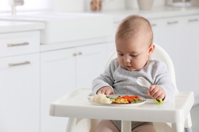 Photo of Cute little baby eating healthy food at home. Space for text