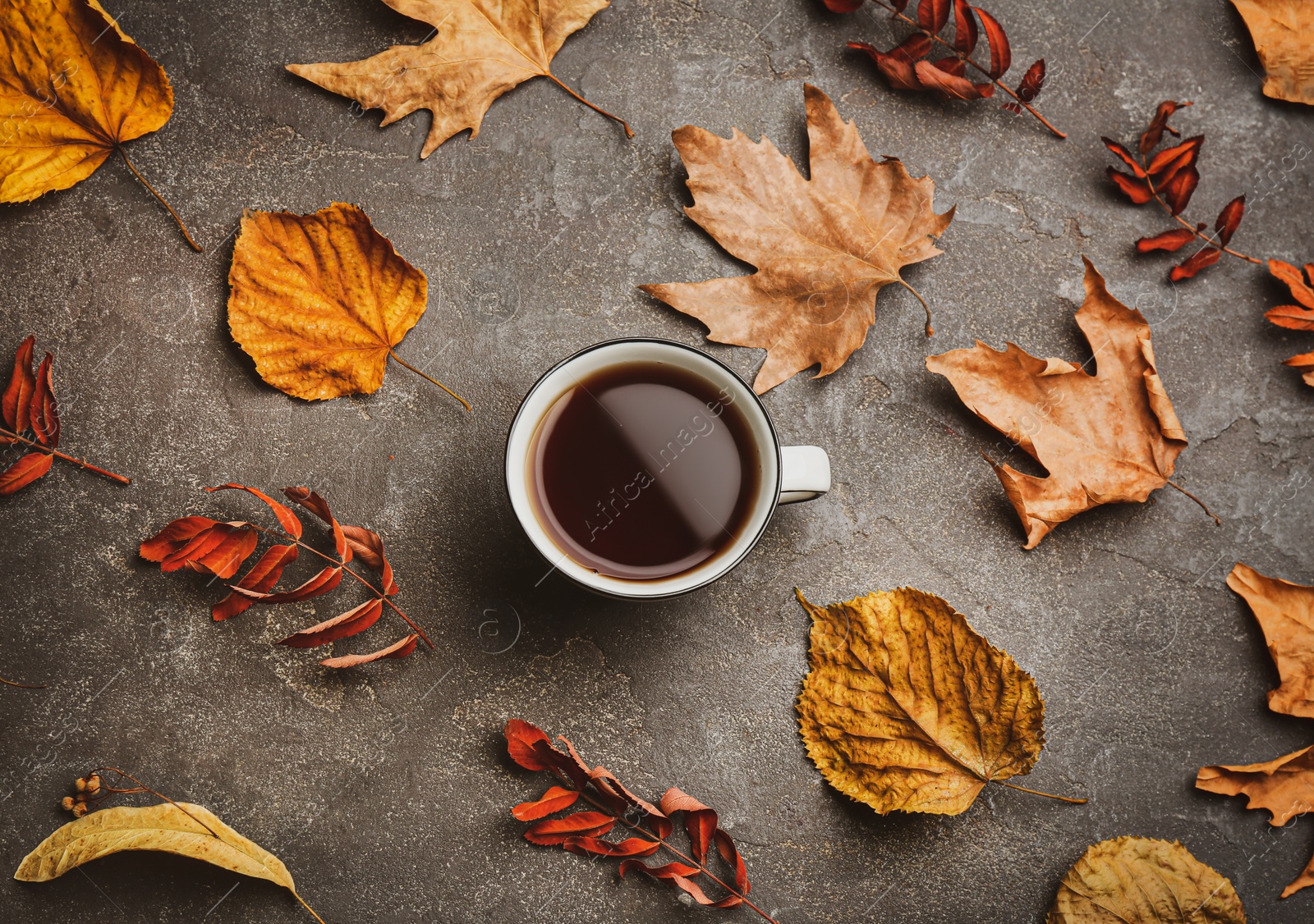 Photo of Cup of hot drink and autumn leaves on grey table, flat lay. Cozy atmosphere