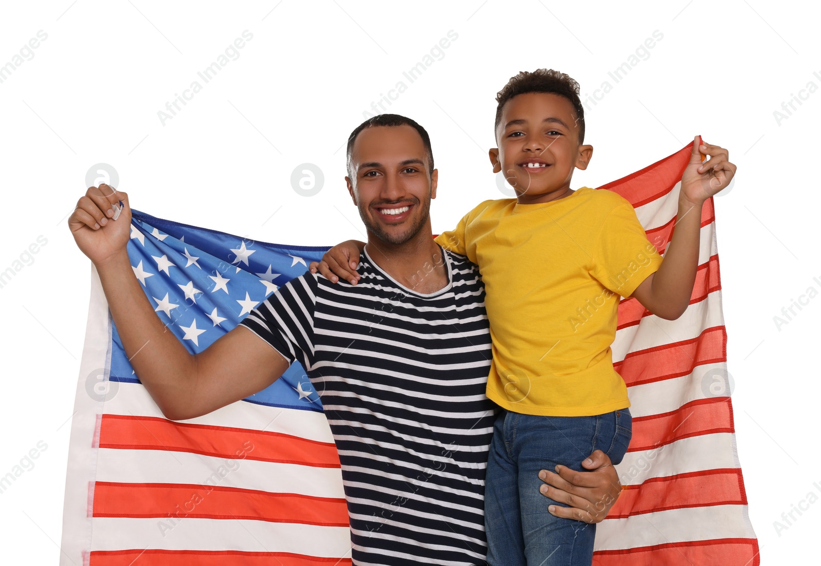 Photo of 4th of July - Independence Day of USA. Happy man and his son with American flag on white background