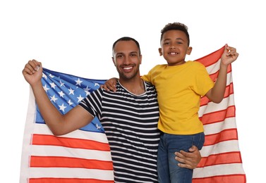 Photo of 4th of July - Independence Day of USA. Happy man and his son with American flag on white background
