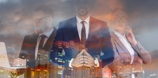 Image of Double exposure of businesspeople and cityscape, banner design. Leadership concept