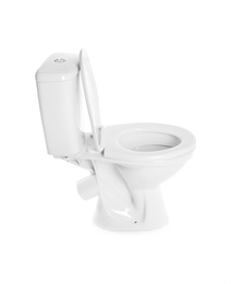 Photo of New ceramic toilet bowl on white background