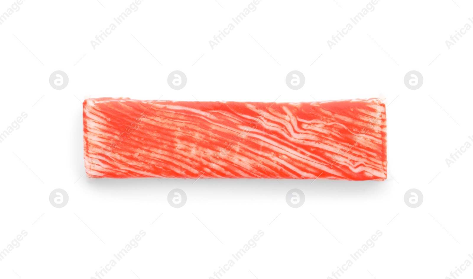 Photo of Delicious fresh crab stick isolated on white, top view