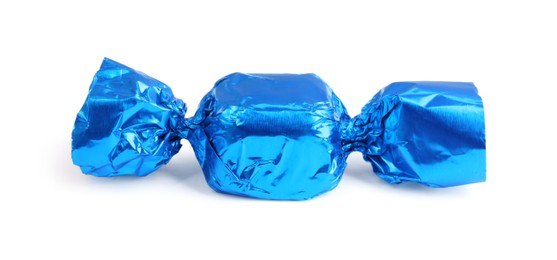 Tasty candy in blue wrapper isolated on white