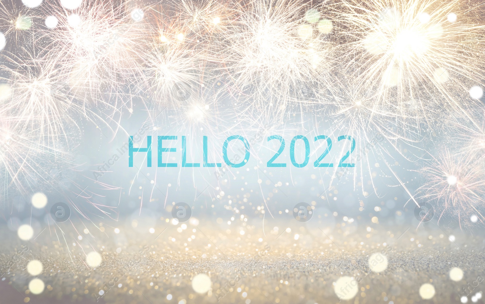 Image of Text Hello 2022 against festive background with fireworks, bokeh effect