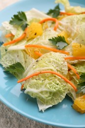 Tasty salad with Chinese cabbage on plate, closeup