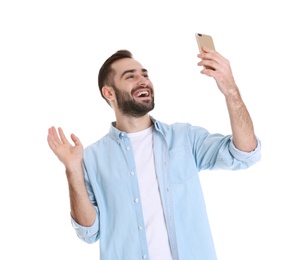 Man using mobile phone for video chat isolated on white