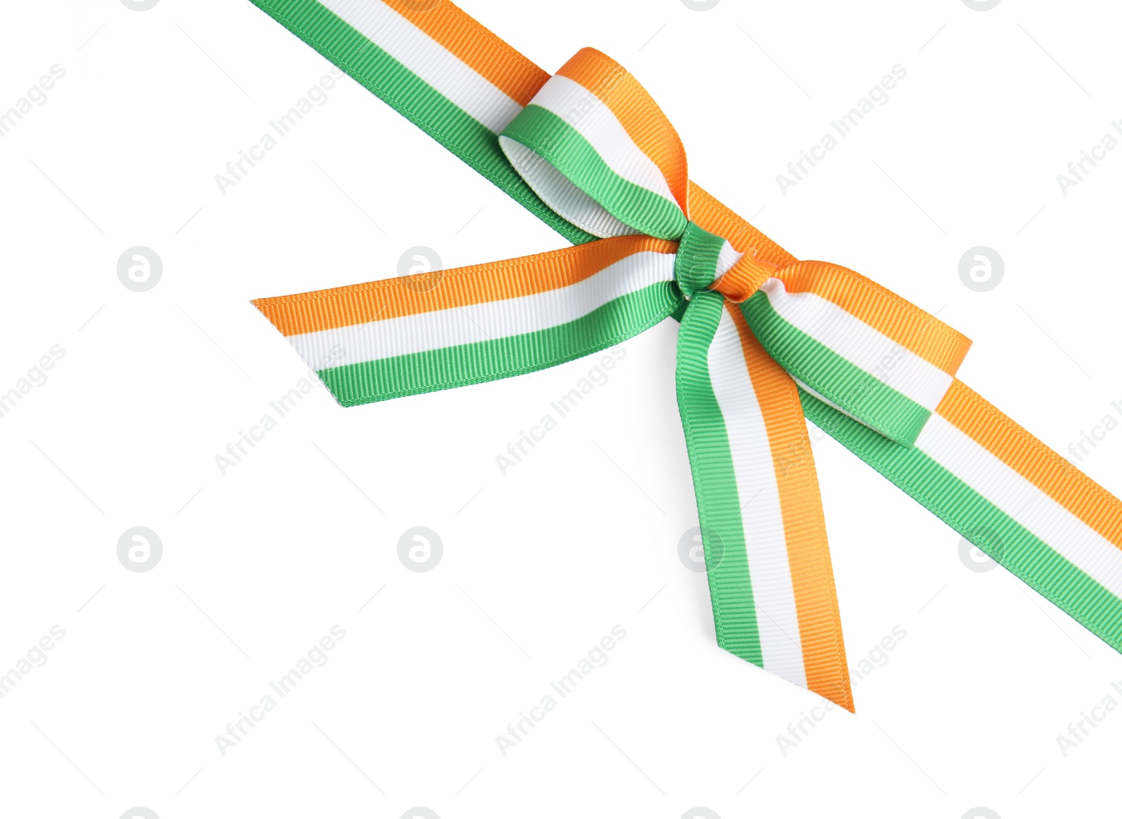 Photo of Indian flag ribbon with bow on white background, top view