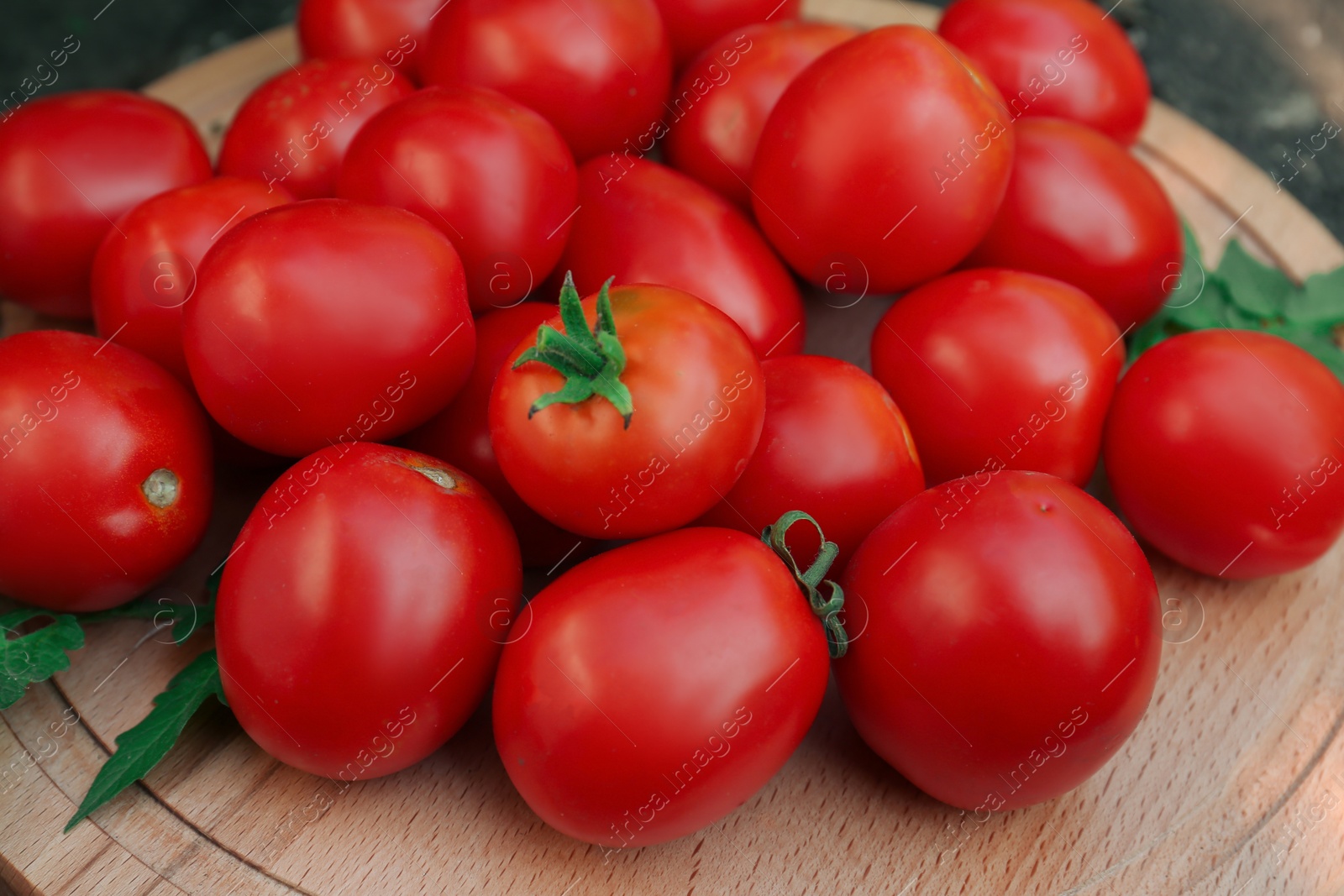 Photo of Wooden board with fresh ripe tomatoes, closeup