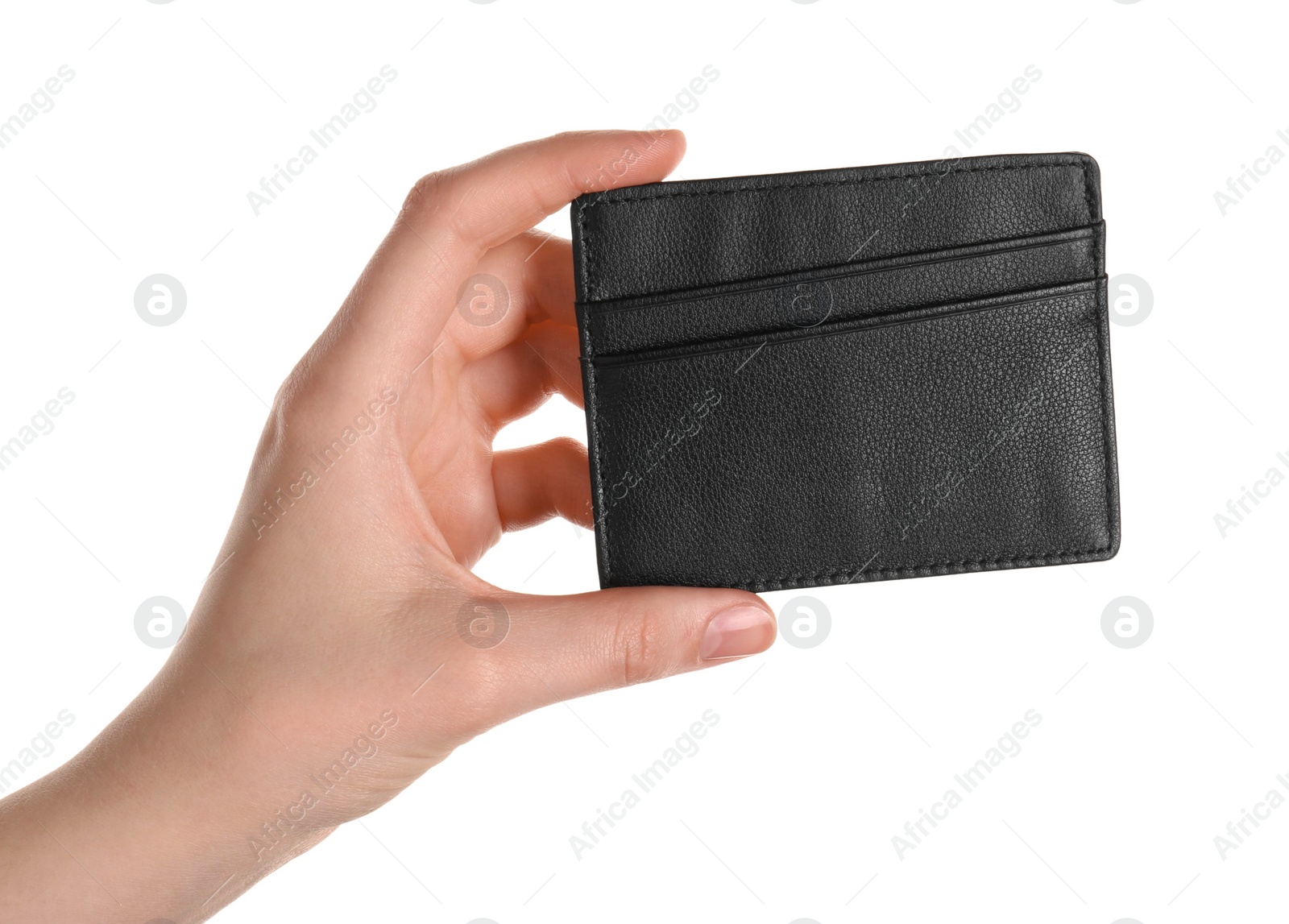 Photo of Woman holding leather business card holder on white background, closeup