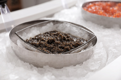 Photo of Delicious black caviar on ice. Wholesale market