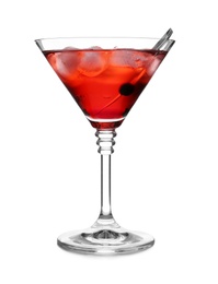 Photo of Glass of martini cocktail with berry and ice cubes on white background