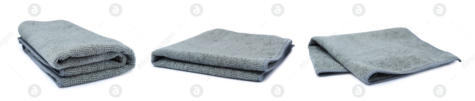 Image of Set with grey microfiber cloths on white background. Banner design