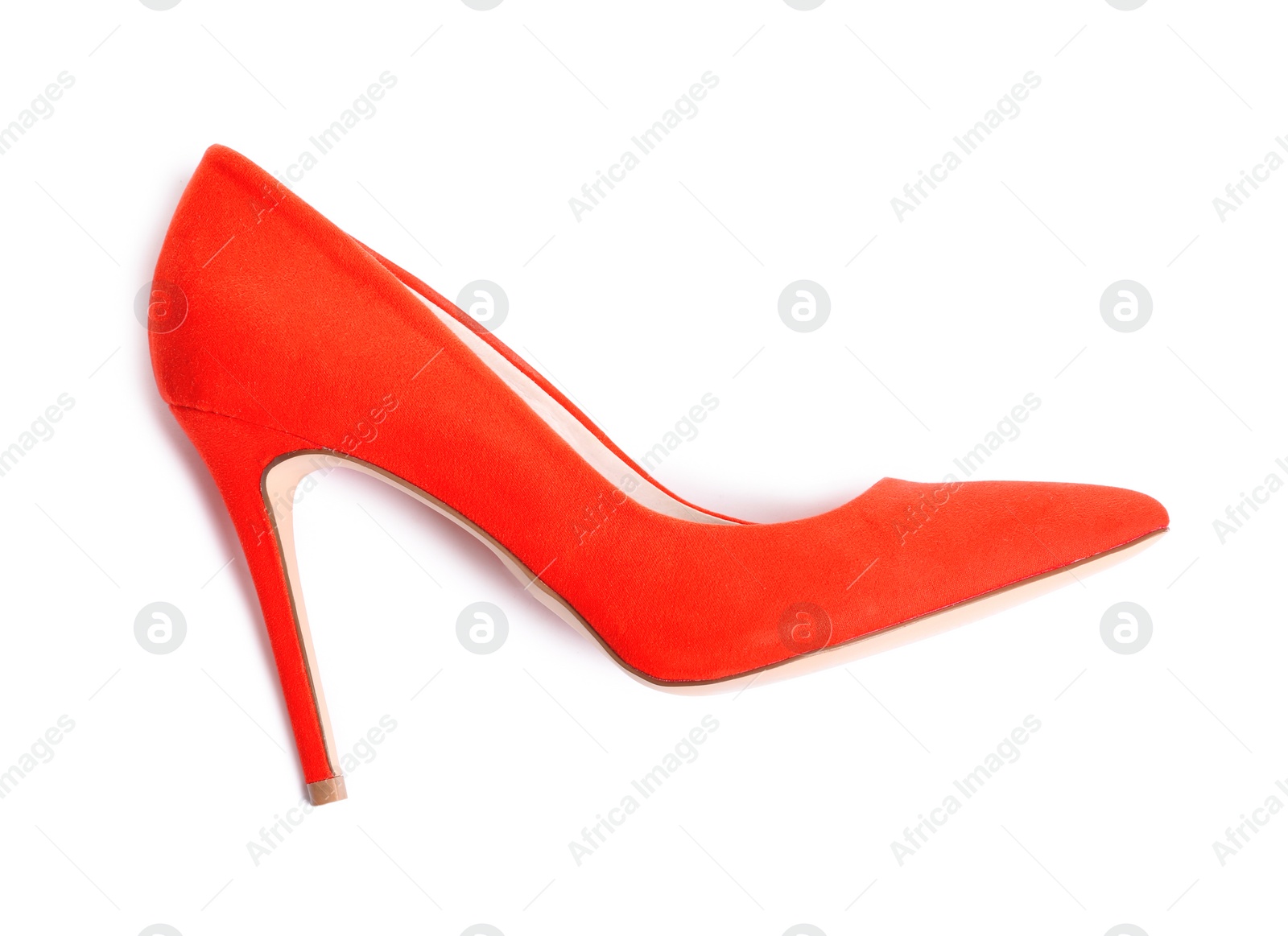 Photo of Stylish high heel shoe on white background, top view