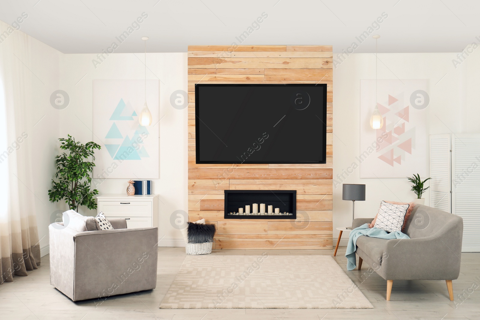 Photo of Living room interior with modern TV on wooden wall