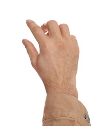 Photo of Man holding something on white background, closeup of hand