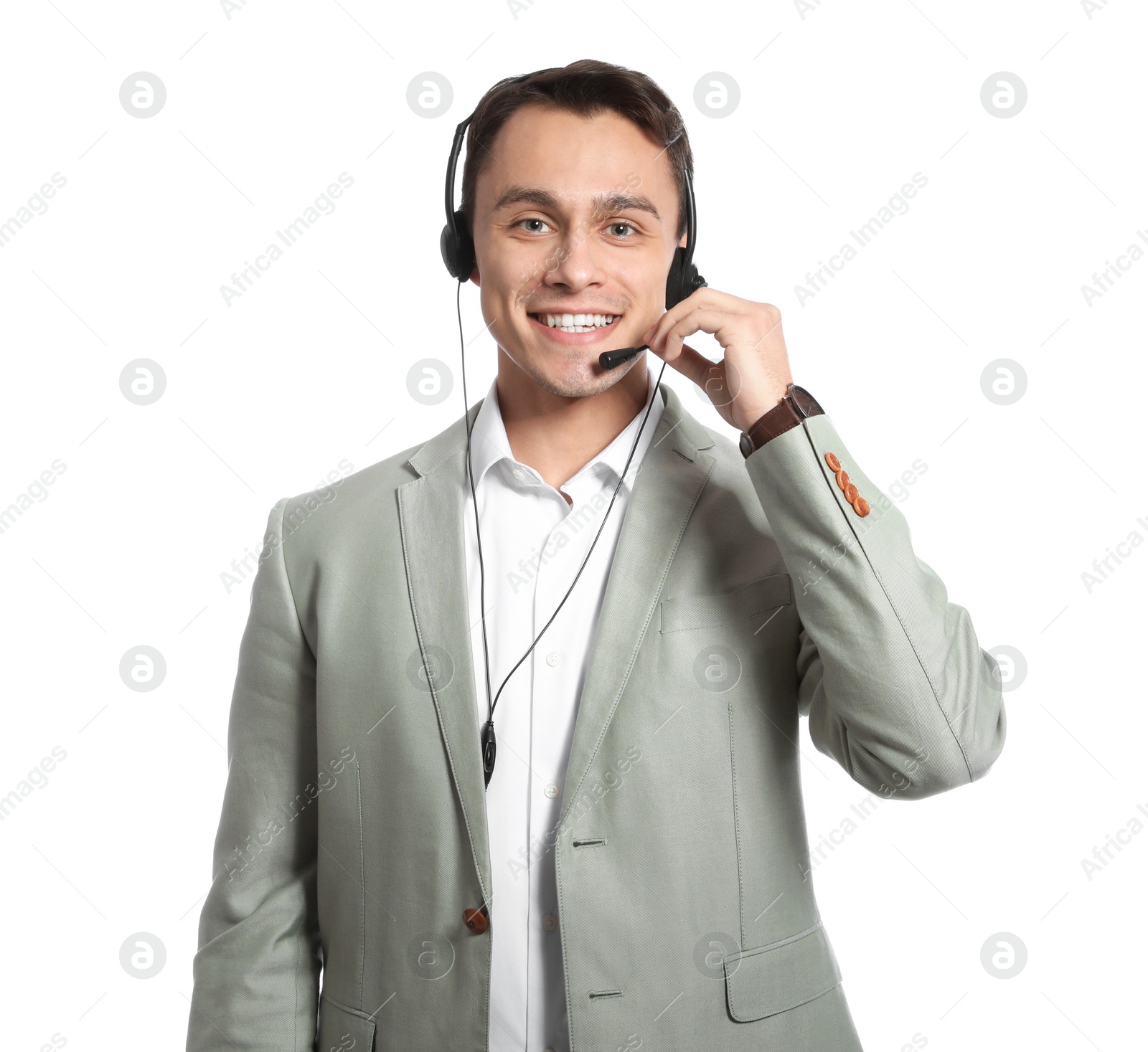 Photo of Technical support operator with headset on white background