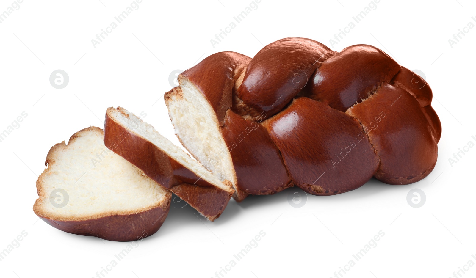Photo of Cut homemade braided bread isolated on white. Traditional Shabbat challah