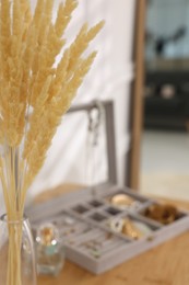 Dry plants on wooden table, closeup. Space for text