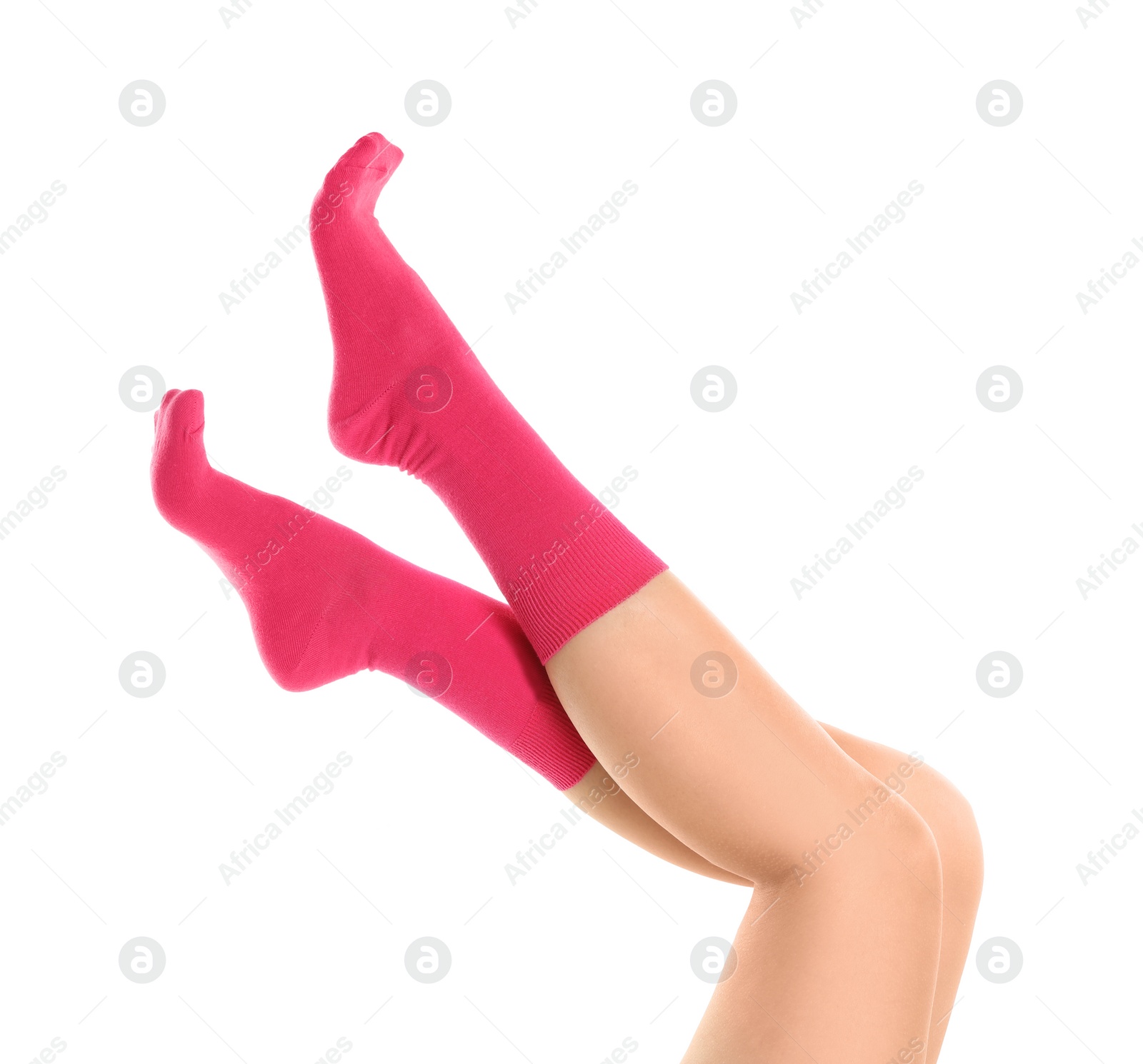 Photo of Woman in stylish socks on white background, closeup