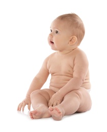 Cute little baby on white background. Crawling time