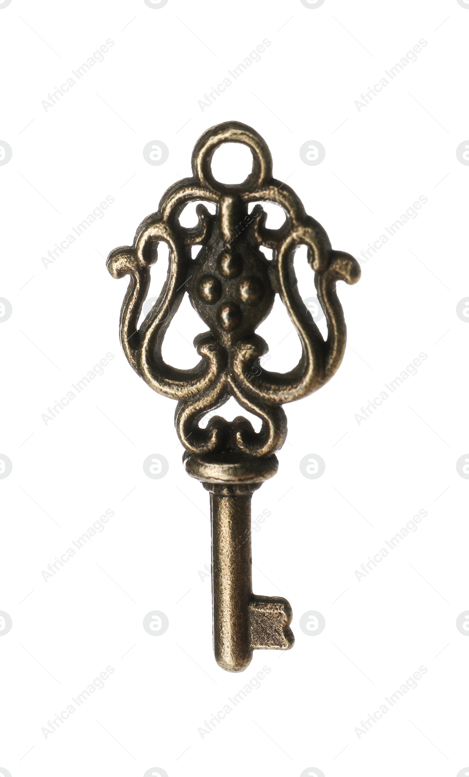 Photo of Bronze vintage ornate key on white background