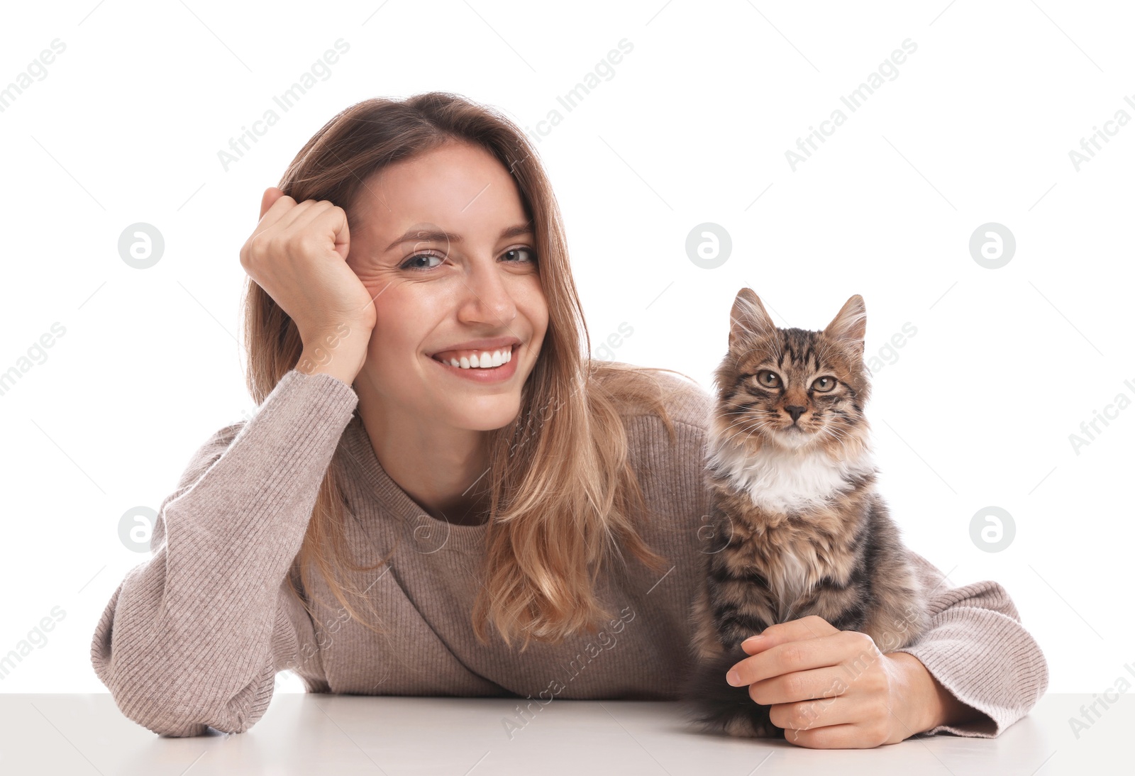 Photo of Young woman with cat on white background. Owner and pet