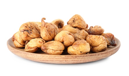 Photo of Wooden plate of dried figs on white background