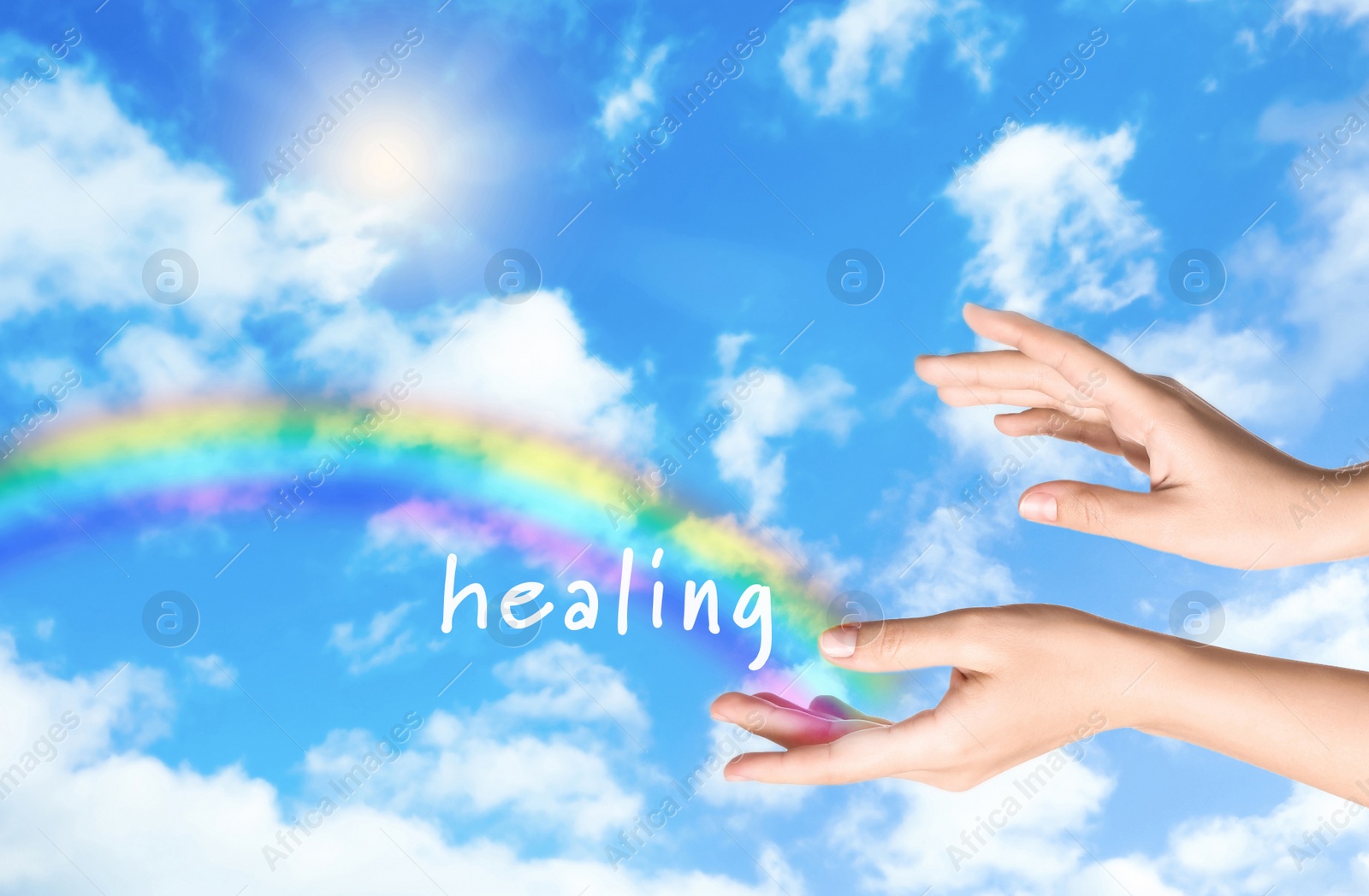 Image of Woman and rainbow as source of healing energy on sunny day, closeup