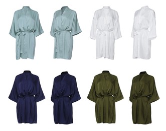 Image of Set of different color silk bathrobes on white background