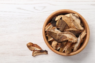 Bowl of dried mushrooms on wooden background, top view with space for text