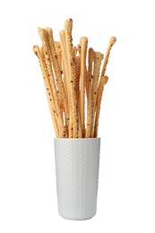 Delicious grissini sticks in cup on white background