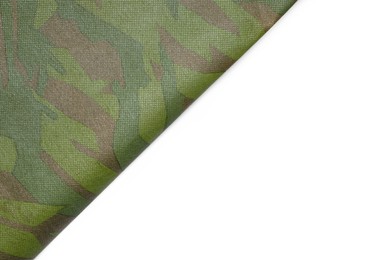 Photo of Camouflage fabric isolated on white, top view