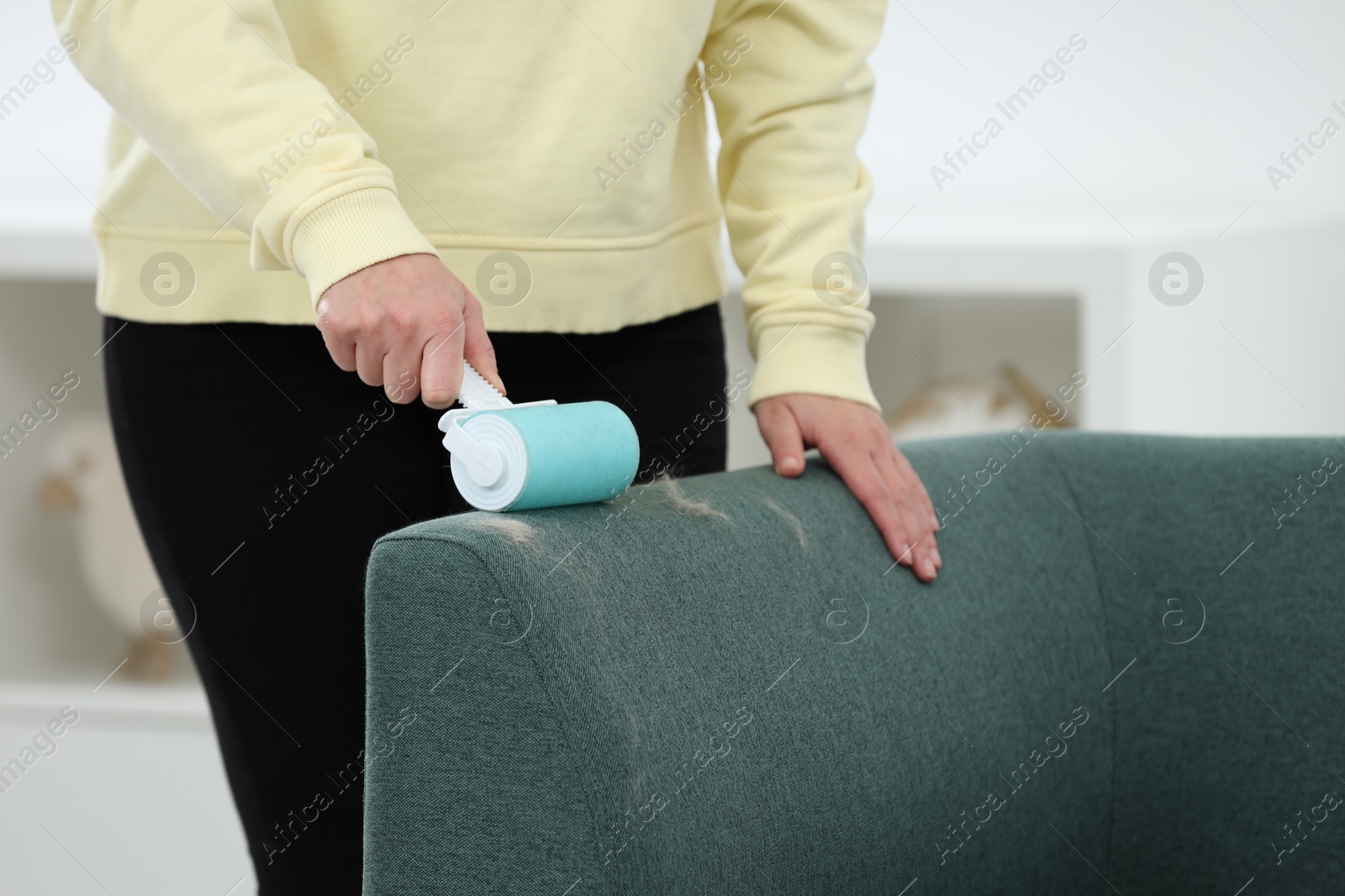 Photo of Woman with lint roller removing pet hair from sofa indoors, closeup