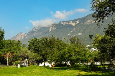 Photo of Beautiful view of park and green mountains on sunny day