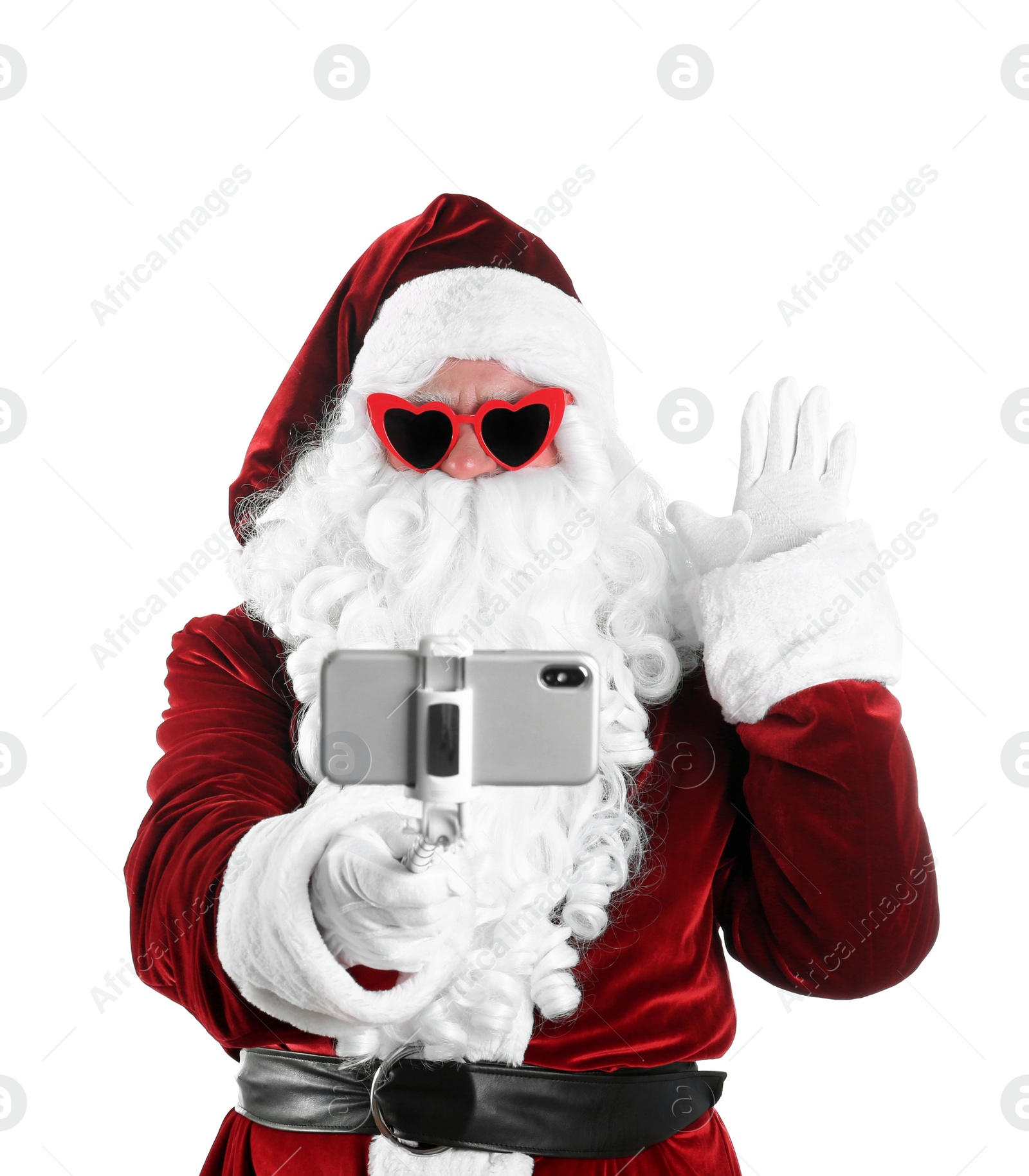 Photo of Authentic Santa Claus taking selfie on white background