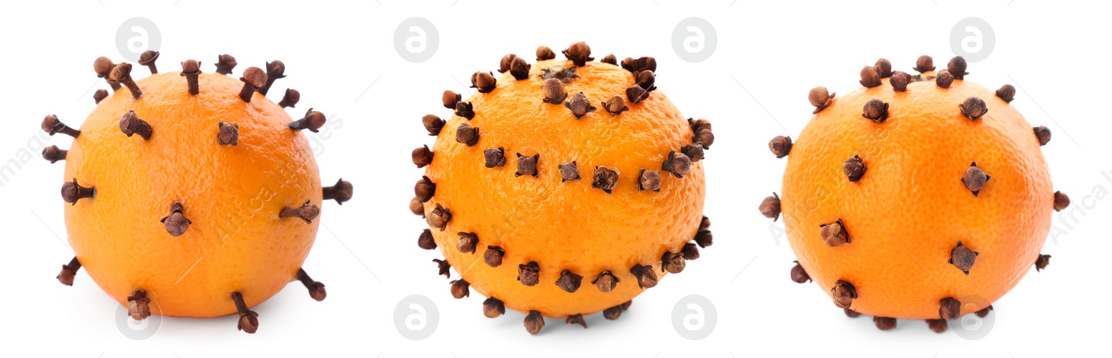 Image of Set with pomander balls made of tangerine and cloves on white background. Banner design