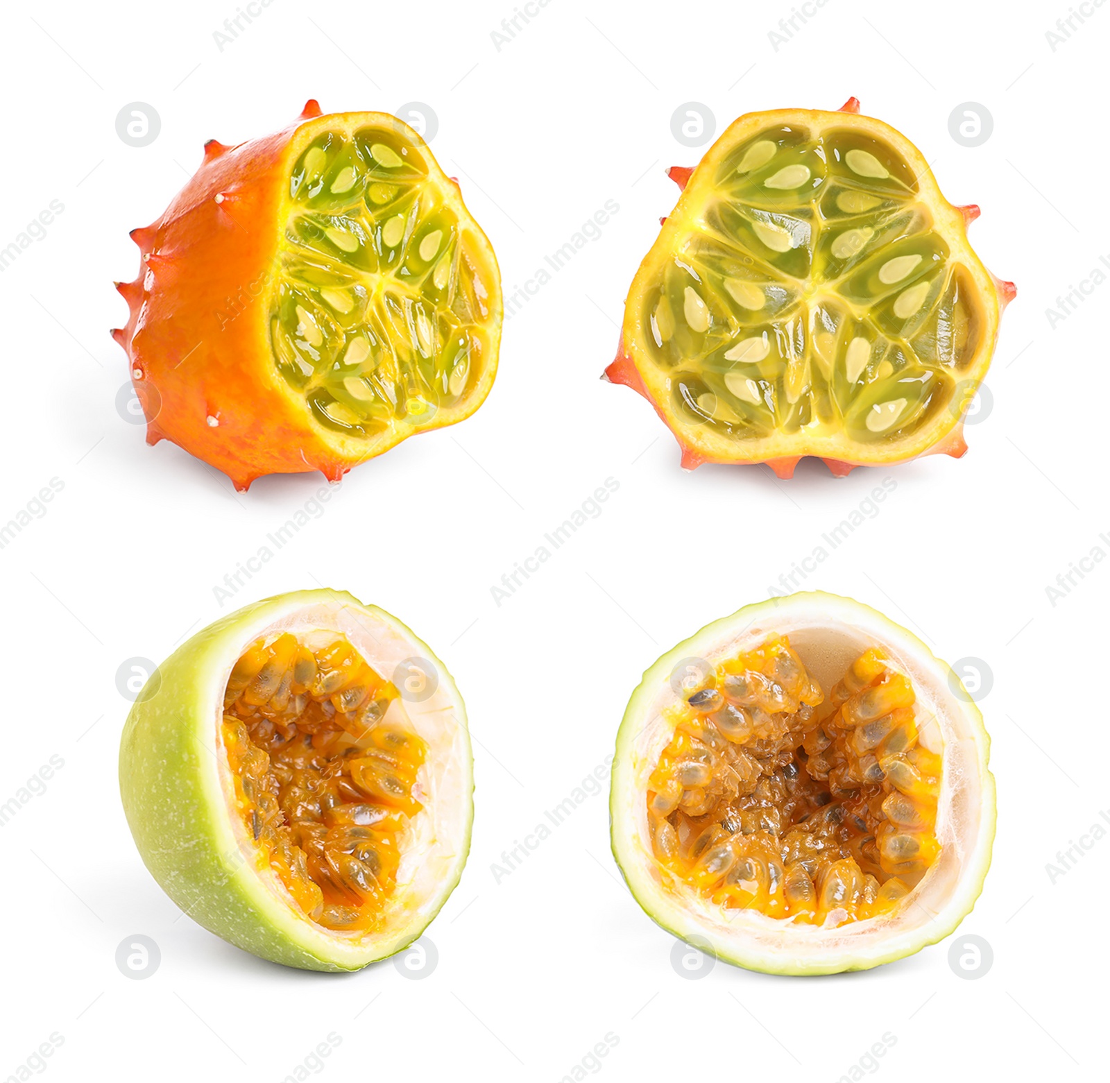 Image of Set with different delicious exotic fruits on white background 