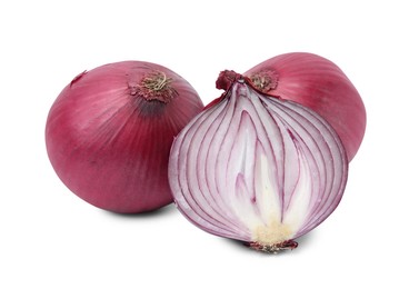 Photo of Ripe fresh red onions isolated on white