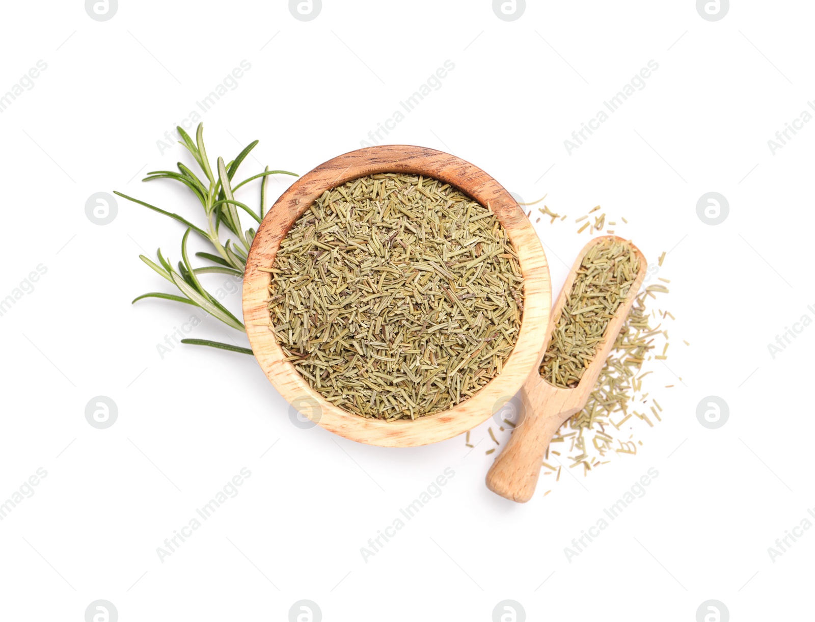 Photo of Fresh and dry rosemary isolated on white, top view