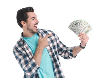 Photo of Handsome young man with dollars on white background