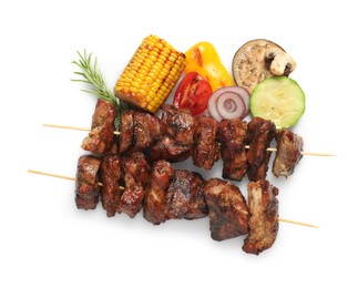 Photo of Delicious shish kebabs, rosemary and vegetables isolated on white, top view