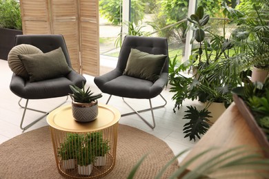 Photo of Lounge area interior with comfortable armchairs and houseplants