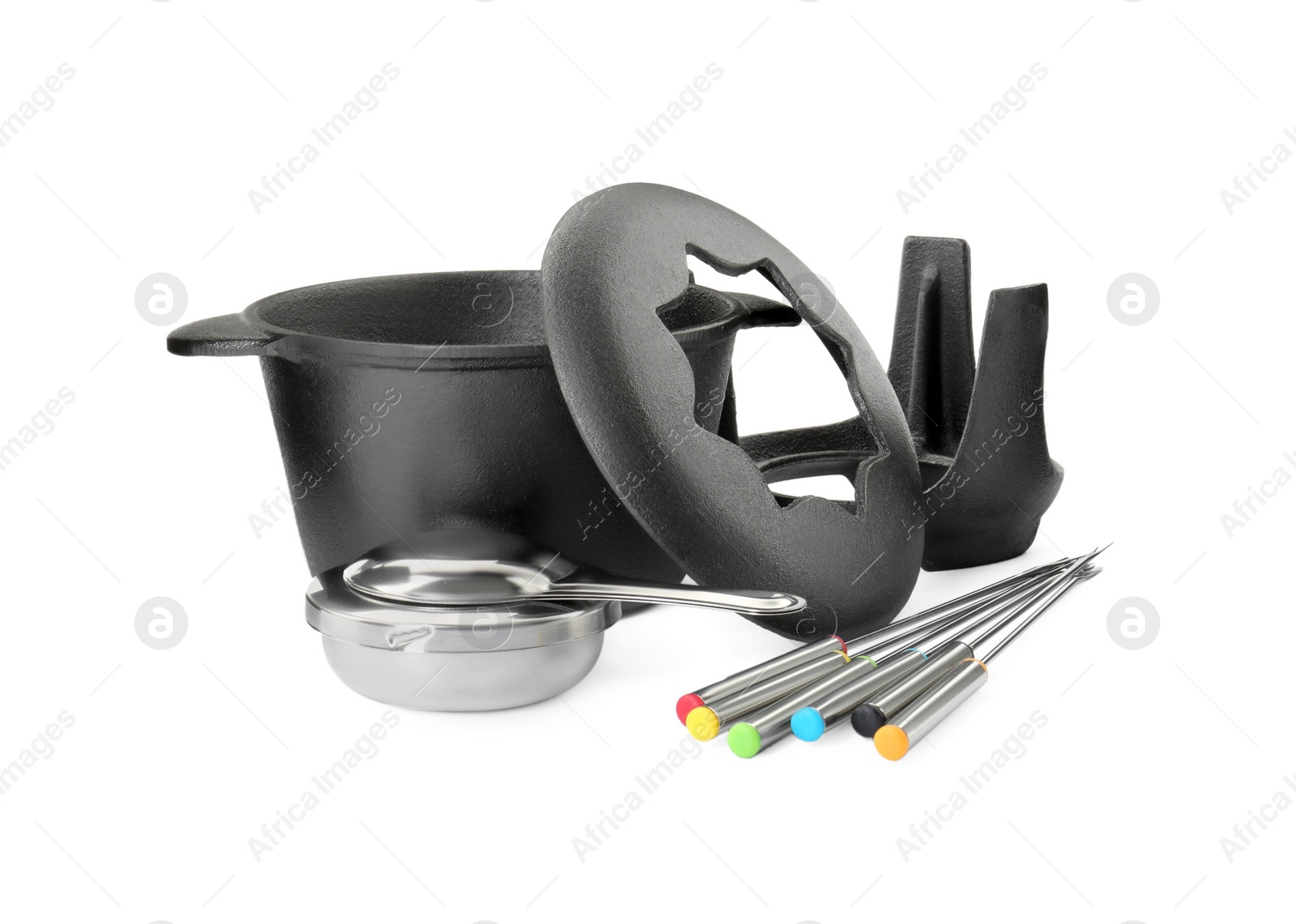 Photo of Fondue set isolated on white. Cooking utensils