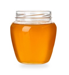 Photo of Tasty honey in glass jar isolated on white