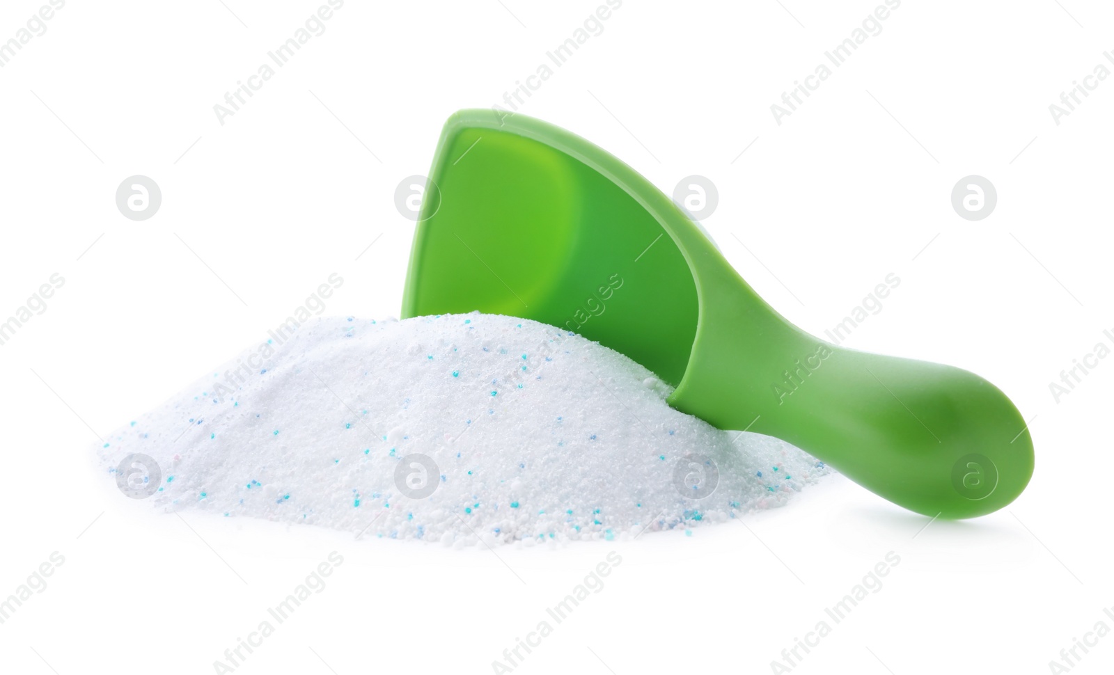 Photo of Laundry detergent in plastic measuring scoop on white background